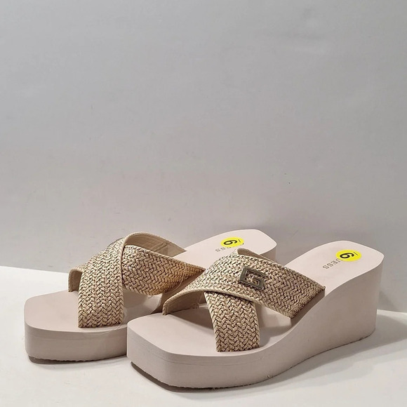 Guess "NEW" Coquette Beige Tan Metallic Crossover Strap Wedge Platform Sandal *9 - Picture 3 of 13